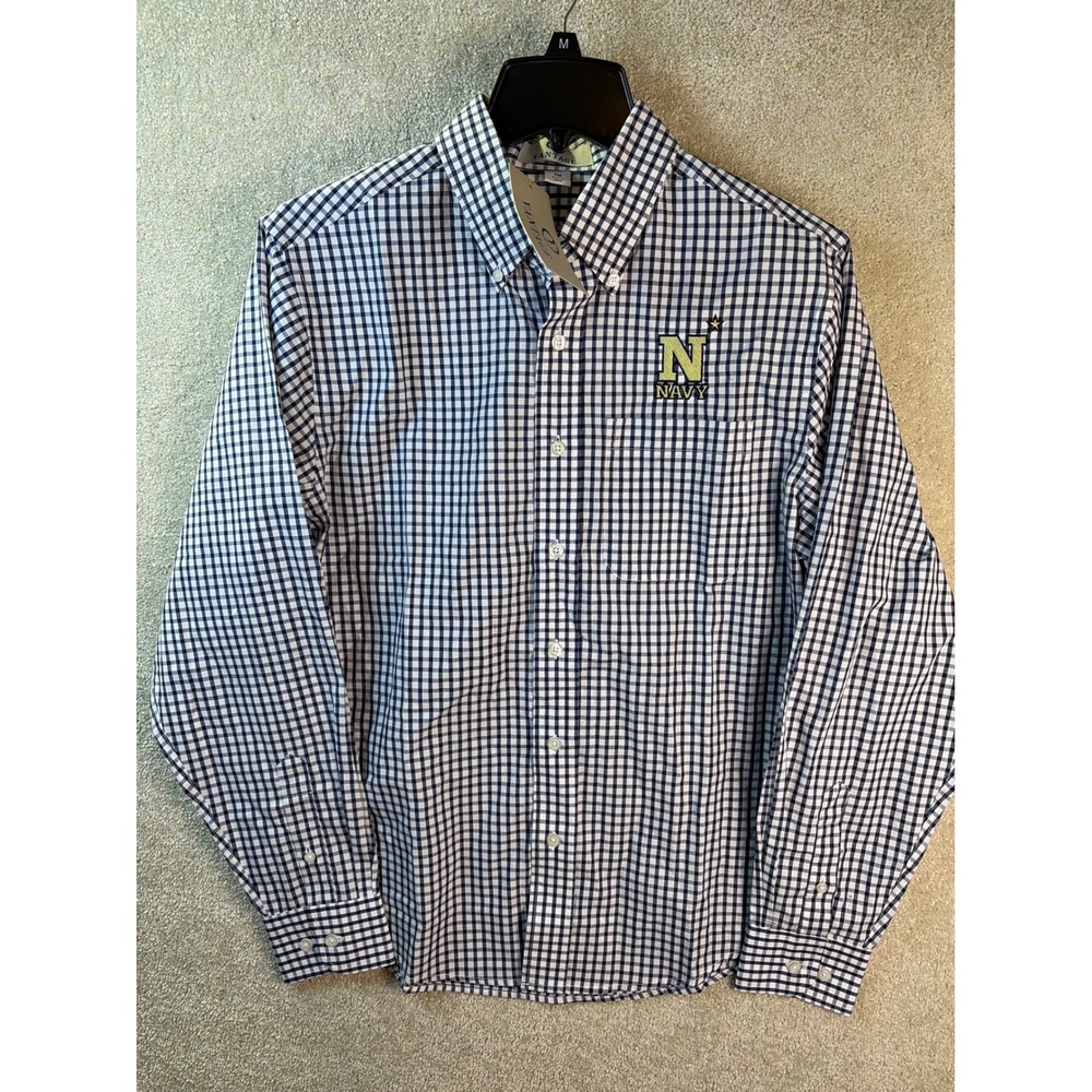 USNA Navy Button Shirt Men's Small Gingham Plaid Blue NCAA Naval Academy NEW - Picture 2 of 8